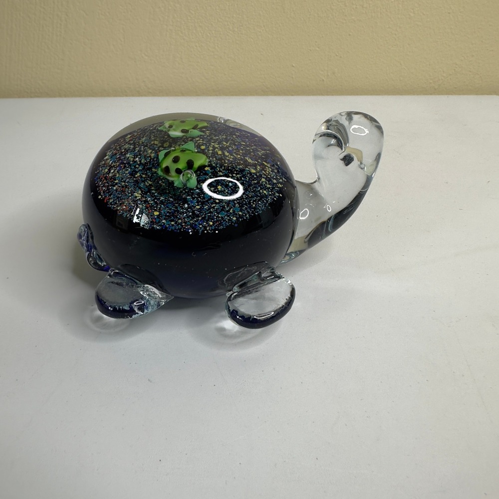 Art Glass Turtle Paperweight Figurine Green Spotted Sea Turtle Decor